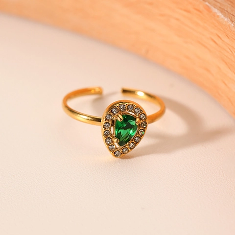 Anello Regolabile Goccia Zircone Verde Placcato Oro 18K Acciaio Inossidabile Zirconia Bianca Stile Francese Gioielli