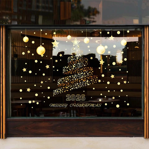 Christmas Window Sticker Static PVC Film Golden Starry Tree Merry Christmas Decor For Shop Mall Glass Door Reusable