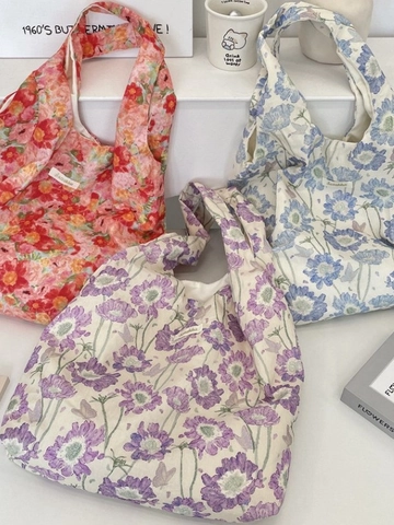 Women Floral Print Tote Bag Large Capacity Polyester Canvas Shoulder Bag With Inner Pocket Aesthetic For Daily Use