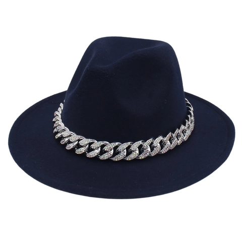 Fedora Hat Wool Felt Wide Brim Jazz Cap With Rhinestone Cuban Metal Chain Fashion Accessory