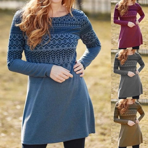 Women Ethnic Print Long Sleeve Round Neck Dress Bohemian Geometric A-Line Knitted Polyester Slim Fit Mini Dress