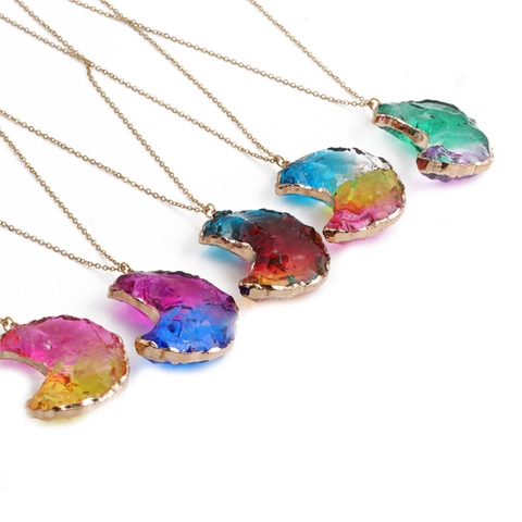 Sichelmond Anhänger Halskette Edelstahl O-Kette Und Legierung Regenbogen Farbverlauf Harz Schmuck Damen Vintage Boho