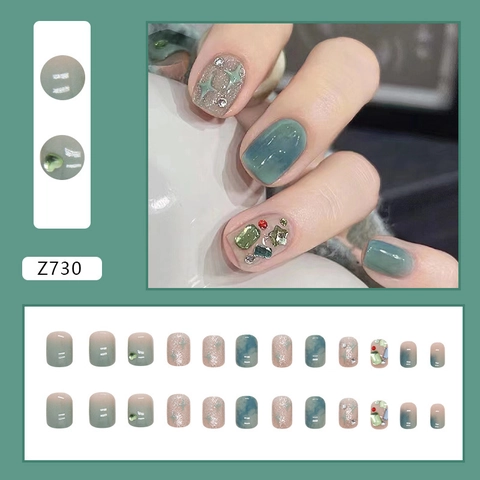 Uñas Postizas Ojo De Gato Verde Degradado Rosa Brillante Con Diamantes De Imitación 3D Y Estrellas Elegantes Cuadradas Largas
