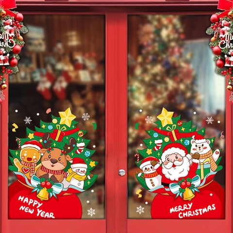 Christmas Window Stickers Static Cling PVC Decals Double Sided Cartoon Santa Snowman Reindeer For Glass Door Decor