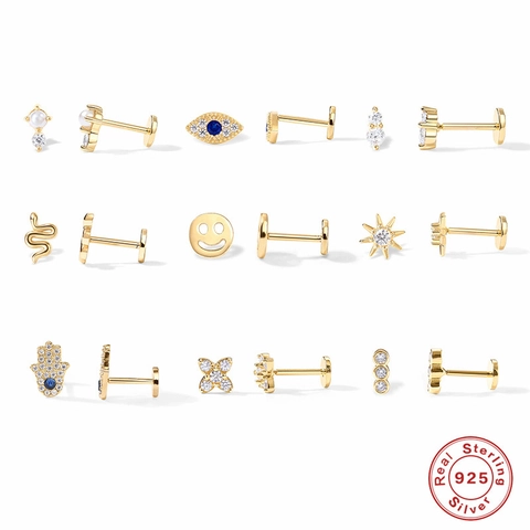 925 Sterling Silber Knorpel Piercing Ohrstecker Zirkonia Evil Eye Schlange Hamsa Flache Rückseite Labret Schmuck