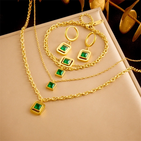 Vintage Gold Plated Stainless Steel Necklace Earrings Bracelet With Square Green Gemstones Double Layer Chain Jewelry