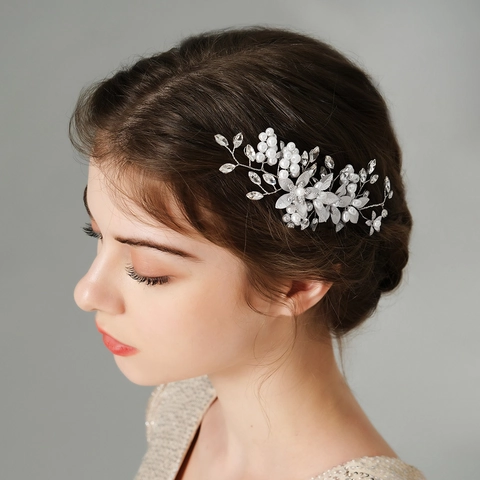 Elegant Bridal Hair Comb Handmade Flower Leaf Alloy Rhinestone Imitation Artificial Pearl Wedding Hairpin Accessory For Women