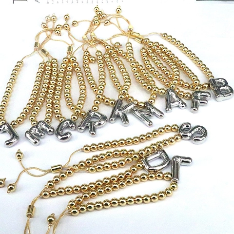 Initial Charm Bracelet 18K Gold Plated Brass Beaded With Silver Balloon Letter Pendant Adjustable Fashion Jewelry For Women