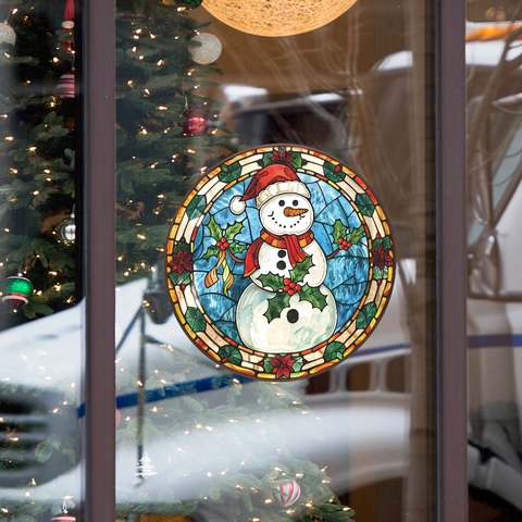 Christmas Snowman Round Window Sticker PVC Stained Glass Style Holiday Decoration Removable Wall Decal Festive Home Art