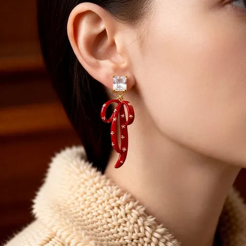 Red Bow Pendant Earrings With Silver Earring Post Square Zircon Gold Plated Copper Vintage Christmas Style For Women