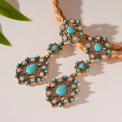 Vintage Bohemian Drop Earrings Alloy Turquoise Faux Artificial Pearl 925 Sterling Silver Earring Post Ethnic Style Women