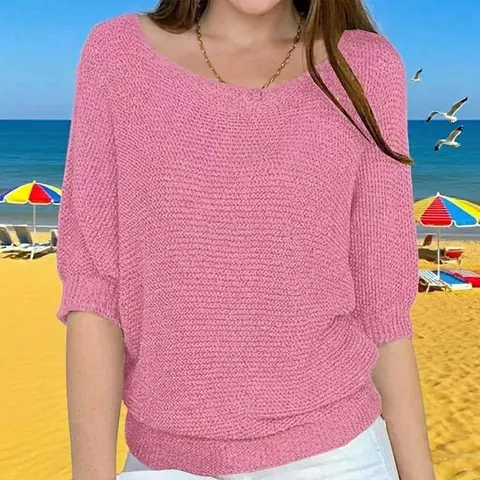 Women Knitted Top Round Neck V-Neck Batwing Sleeve Three Quarter Sleeve Solid Color Casual Loose Sweater