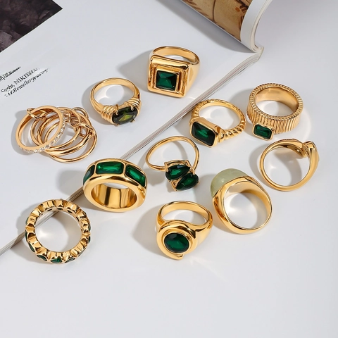 Gold Plated Stainless Steel Ring For Women Green Gemstone Cubic Zirconia Waterproof Hypoallergenic Vintage Retro Jewelry