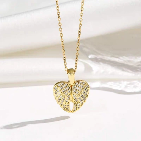 Engel Flügel Herz Anhänger Halskette Öffnung I Love You Gravur Zirkonia Kupfer Edelstahl Schmuck Für Damen