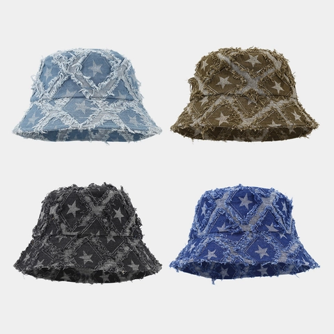 Cappello Da Pescatore In Denim Motivo A Stelle Bordi Sfilacciati Vintage Streetwear Casual Protezione Solare Per Uomo E Donna