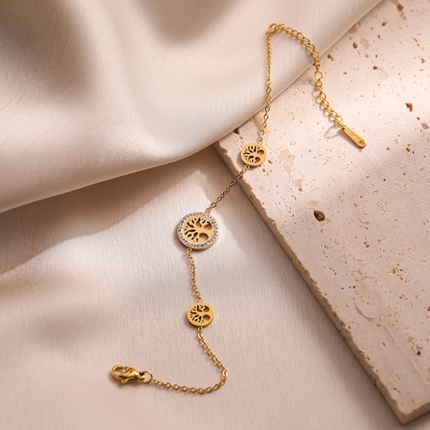 Bracelet À Breloques Arbre De Vie Acier Inoxydable Plaqué Or Cœur Pendentif Géométrique Strass Bijoux Pour Femmes Accessoire Tendance