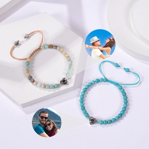 Pulsera De Cuentas Con Colgante De Proyección De Corazón Piedra Natural Negro Mate Rosa Cuerda Trenzada Joyería Ajustable Para Parejas