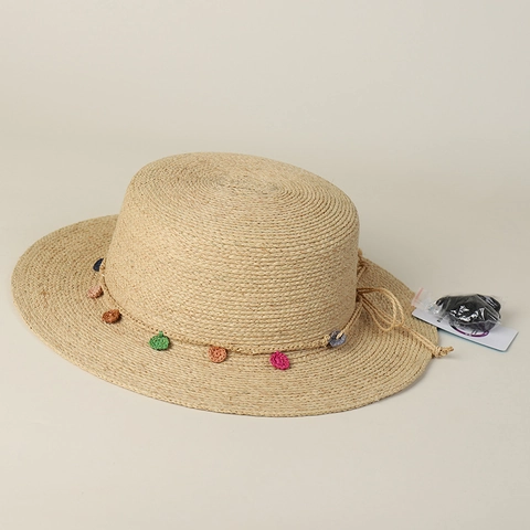 Boho Women Raffia Straw Boater Hat With Colorful Crochet Decoration Flat Top Wide Brim Summer Beach Vacation Sun Hat