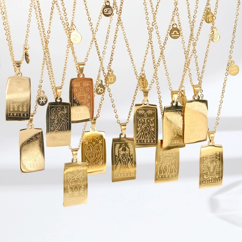 Collar Signos Del Zodiaco Acero Inoxidable Carta Tarot Colgante Rectángulo Grabado Doble Cara Joyería Retro
