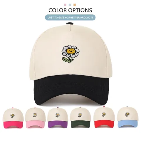 Gorra De Béisbol De Algodón Con Bordado De Girasol Y Sonrisa Bloque De Color Patchwork Visera Curva Ajustable Sombrero De Sol