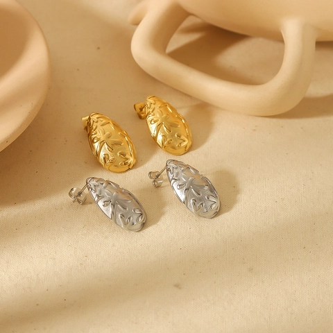 Teardrop Earrings Stainless Steel Relief Floral Pattern 18K Gold Plated Vintage Luxury Geometric Jewelry For Women