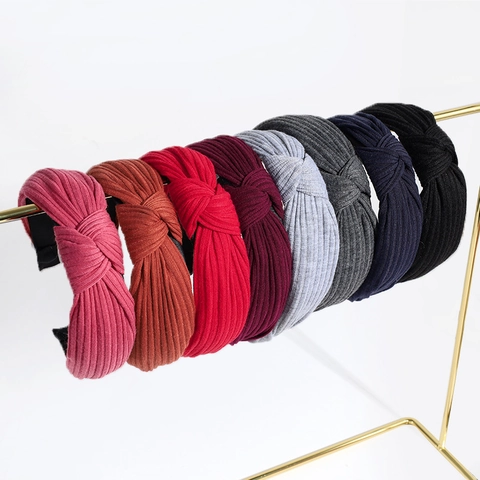 Women Wide Ribbed Knot Headband Solid Color Floral Bird Print Knit Cross Twist Hair Band Fashion Hair Accessories