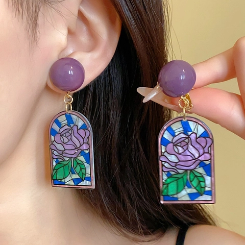Orecchini Vintage Rosa Viola Stile Vetrata In Lega Con Perno In Argento Geometrici Per Donna