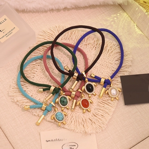 Bracciale Regolabile In Corda Intrecciata Acciaio Inossidabile Placcato Oro Ciondolo Tartaruga Marina Pietra Naturale Gioielli Donna