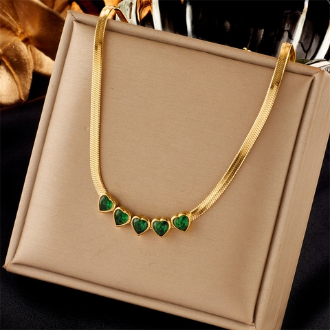 Collana Da Donna In Acciaio Al Titanio Placcata Oro 18K Catena A Serpente Con Gemme A Cuore Verde Elegante