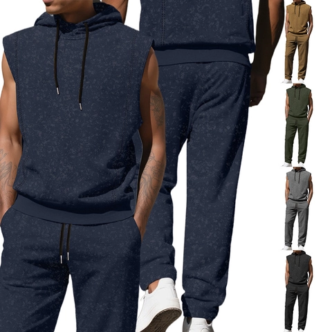 Top Con Cappuccio Senza Maniche E Pantaloni Jogger Da Uomo Poliestere Spandex Coulisse Tasche Casual Sport Streetwear
