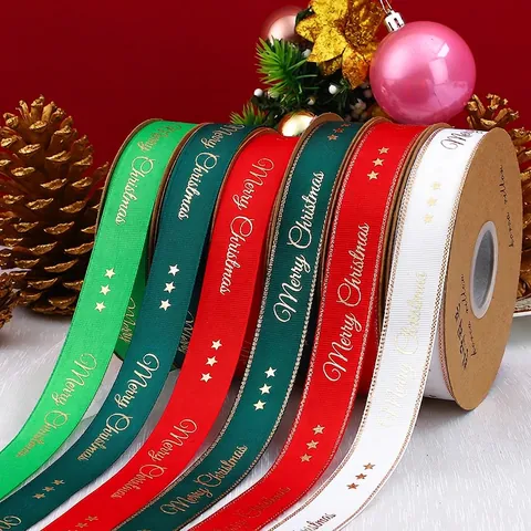 Χριστουγεννιάτικη Κορδέλα Χρυσή Merry Christmas Grosgrain Για Συσκευασία Δώρων Διακόσμηση Γιορτής DIY Κατασκευές