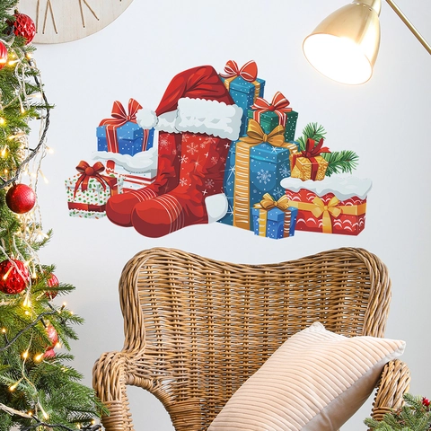 Kerst Muurstickers PVC Zelfklevend Verwijderbaar Decal Sok Cadeaudoos Sneeuwvlok Patroon Feestelijke Woondecoratie