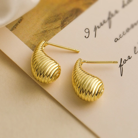 Retro Threaded Teardrop Stud Earrings Copper With Gold Plated Textured Metallic For Women