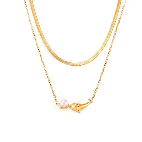 Titanstahl Delfin Anhänger Halskette Für Damen Mehrlagige Schlangenkette Künstliche Perle Gold Farbe Eleganter Chic Schmuck