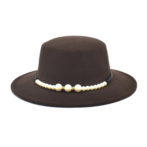 Sombrero Fedora de Parte Superior Plana Vintage de Lana Sombrero de Jazz para Mujer Con Banda de Perlas Artificiales y Strass Invierno Cálido Estilo Británico Elegante