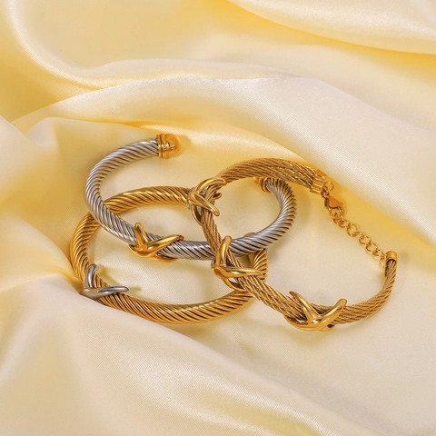 Twisted Cable Stainless Steel Bangle Bracelet With X Cross Motif 18K Gold Plated Open Cuff Two Tone Jewelry For Women Retro