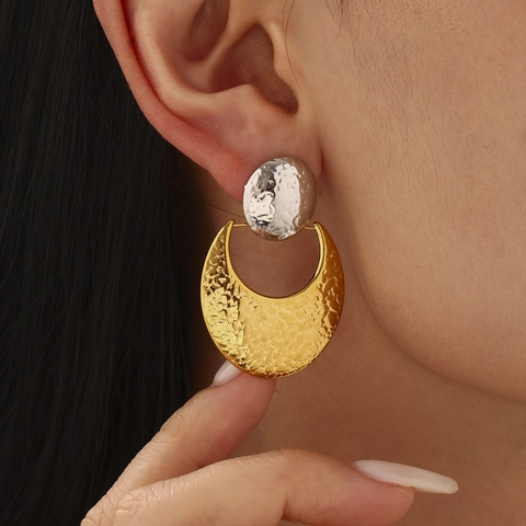 Vintage Stainless Steel Heart Crescent Moon Hammered Stud Earrings Gold Silver Mixed Color Earrings For Women Jewelry Gift
