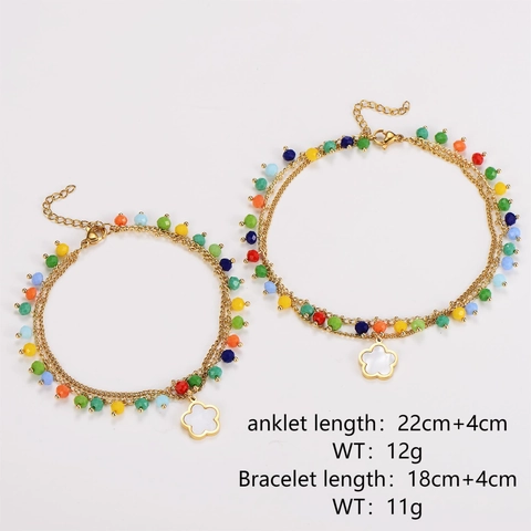 Bohemian Colorful Beaded Bracelet Anklet Double Layer 304 Stainless Steel Chain White Flower Pendant Fashion For Women