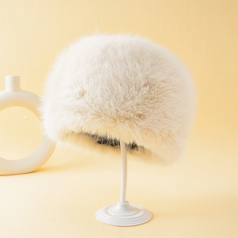 Women's Faux Fox Fur Bucket Hat Winter Warm Plush Basin Hat Korean Fashion Sweet Thickened Ear Protection Outdoor Hat