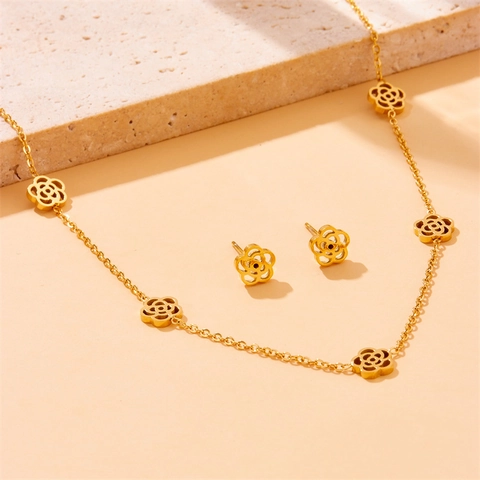 Hollow Rose Flower Necklace Earrings Bracelet Stainless Steel Gold Plated Minimalist Light Luxury Jewelry For Women