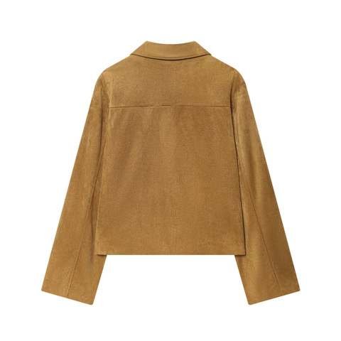 Women Suede Cropped Jacket Long Sleeve Button Down Turn Down Collar Solid Color With Pockets Casual Outerwear Top