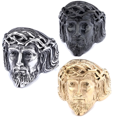 Vintage Stainless Steel Jesus Head Ring For Men Religious Jewelry With Crown Of Thorns 3D Sculpture Retro Christian Cross Finger Ring Gift