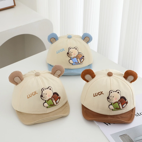 Baby Baseball Cap Cotton Canvas With Dimensional Bear Ears Cartoon Patch Adjustable Sun Hat For Toddler Infant Boys Girls