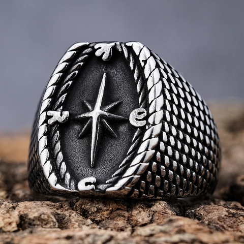 Anello Bussola Uomo Acciaio Inossidabile Vichingo Stella A Otto Punte Vintage Punk Nautico Gioielli