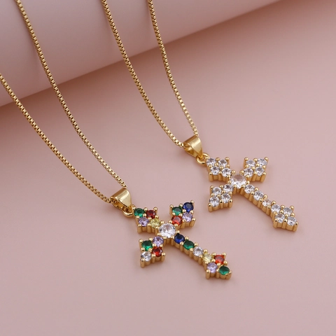 Bohemian Vintage Gold Plated Copper Cross Pendant Necklace With Multi-color White Zirconia For Women Religious Sweet Jewelry