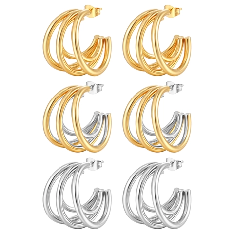 Orecchini A Cerchio A Forma Di C Multistrato Acciaio Inossidabile Placcato Oro 18K Geometrico Bicolore Per Donne