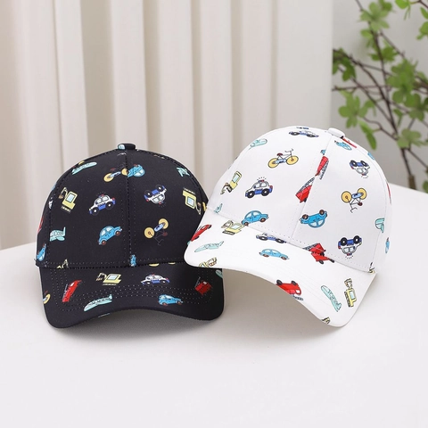Kids Cartoon Vehicle Print Baseball Cap Boys Adjustable Sun Protection Hat Police Car Excavator Fire Truck Breathable Outdoor Cap
