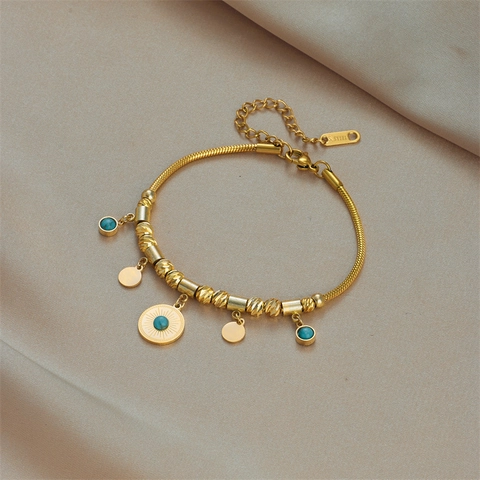 Bohemian Gold Plated Stainless Steel Turquoise Bracelet Vintage Sun Pendant Beaded Adjustable Jewelry For Women