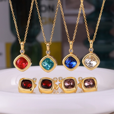 Set Di Gioielli In Zircone Quadrato Da Donna Rame Collana E Orecchini Colorati Accessori Minimalisti