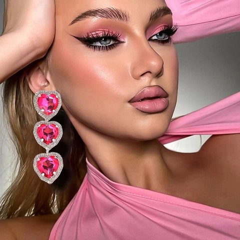 Orecchini In Rame Con Cuore Pendente Cristalli A Cuore Rosa E Strass Bianchi Gioielli Dolci Per Donne